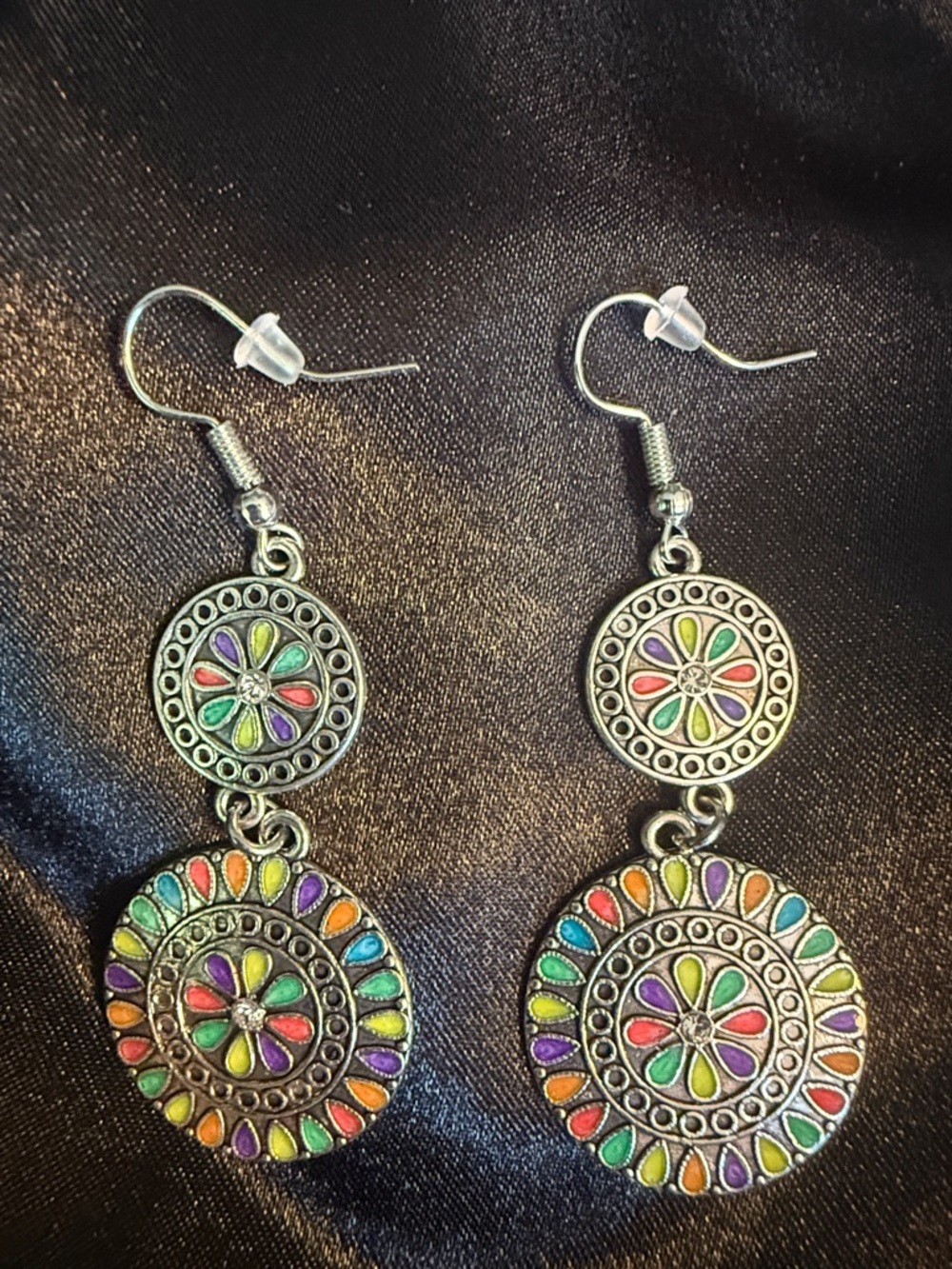 Colorful Enamel Double-Drop Floral Disc Earrings - Multicolor